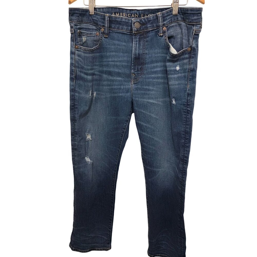 American Eagle Men Medium‎ Wash Distressed Straight-Leg Jeans Size 36x30